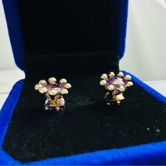 Gold Over Sterling Silver Amethyst Stud Earrings – Vintage Floral Design - Picture 5 of 12